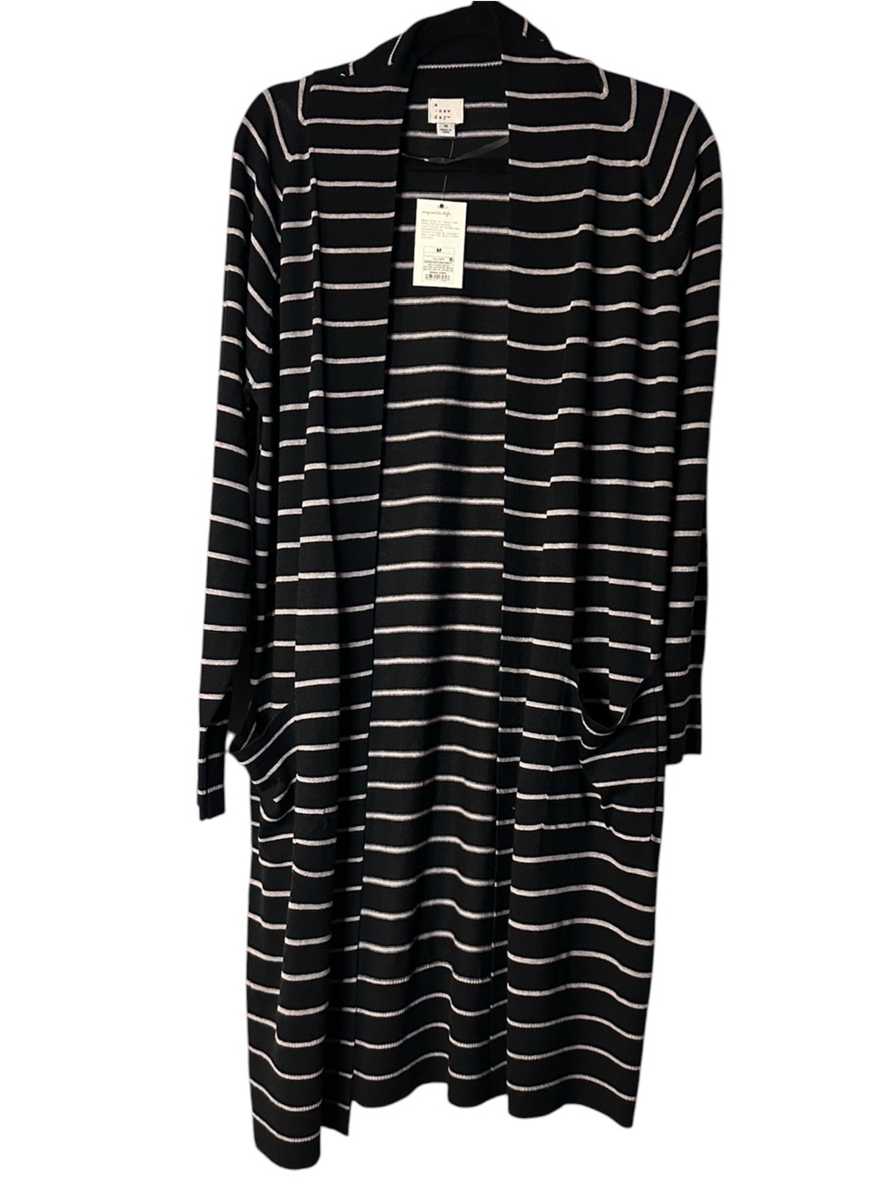 a new day Black and Tan Striped Open-Front Long Cardigan, NWT Sz M